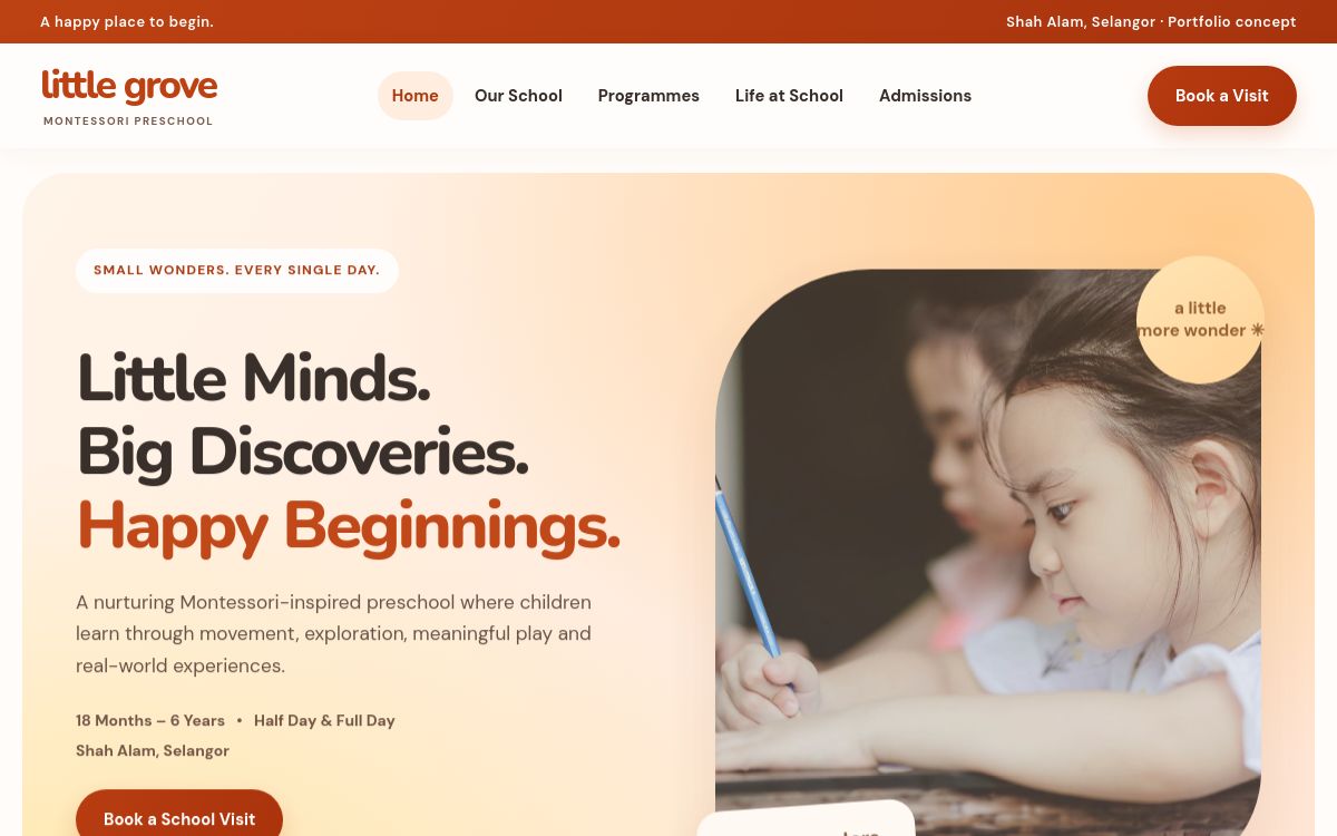 Little Grove Montessori homepage website design preview
